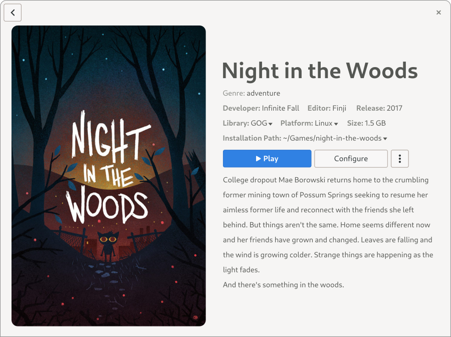 The Lutris app showing details of the game "Night in the woods"