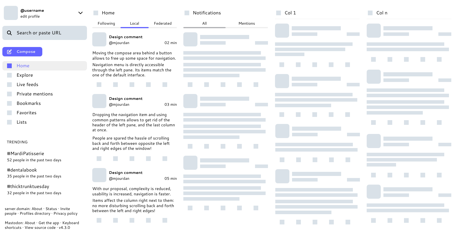 Mockup of what could become the multi-column view in mastodon. App content features real comments about the designs.