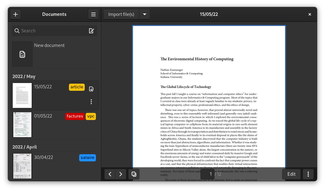 The app features a list of documents in a left pane, and shows the selected document in the main view